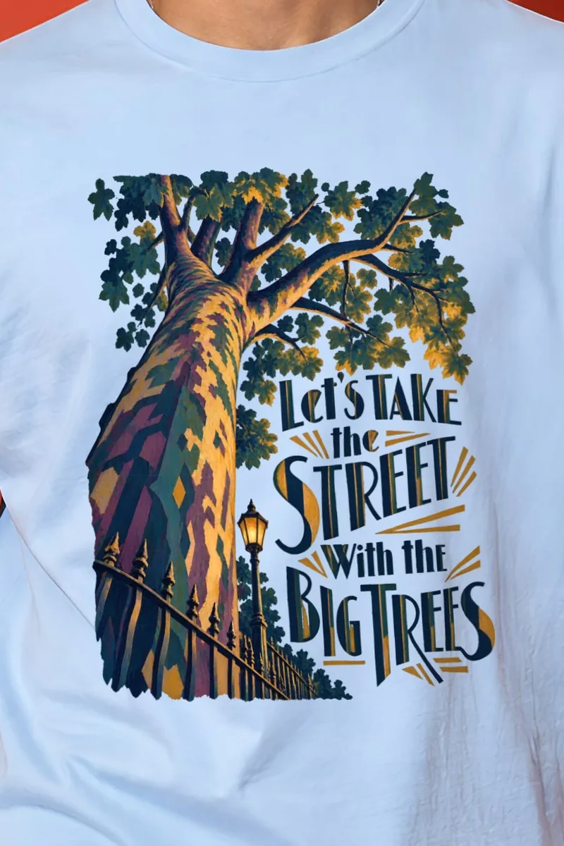 "Big Trees Street" Heavyweight Unisex Crewneck T-shirt - the graphic up close