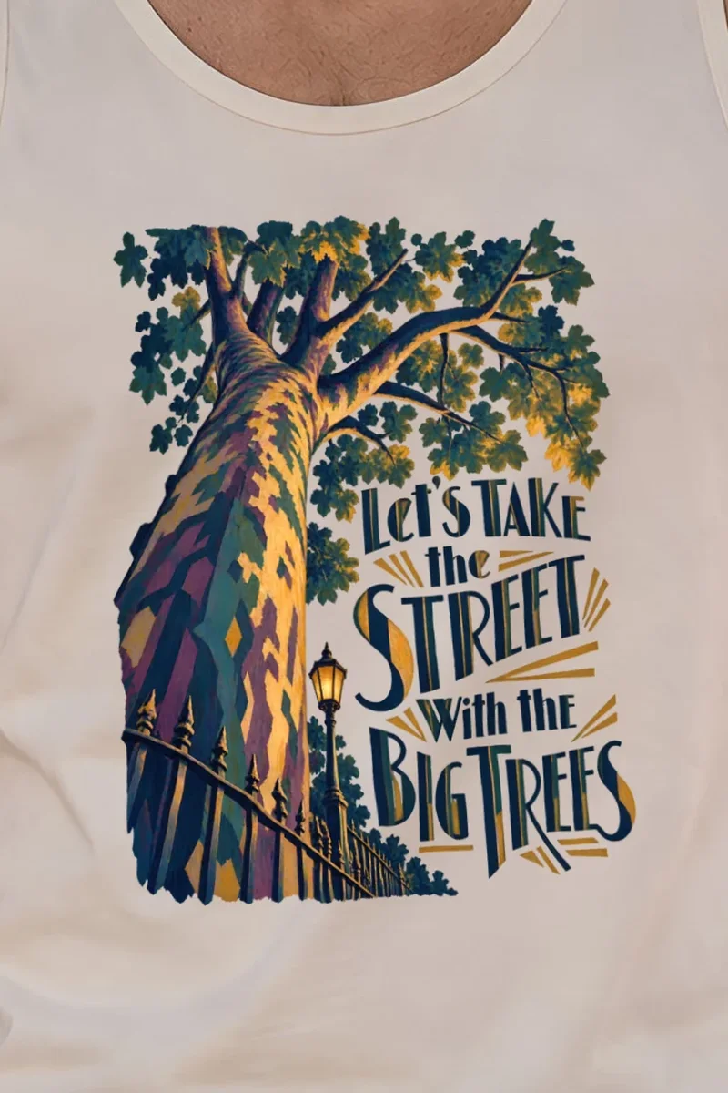 "Big Trees Street" Unisex Jersey Tank - the graphic up close