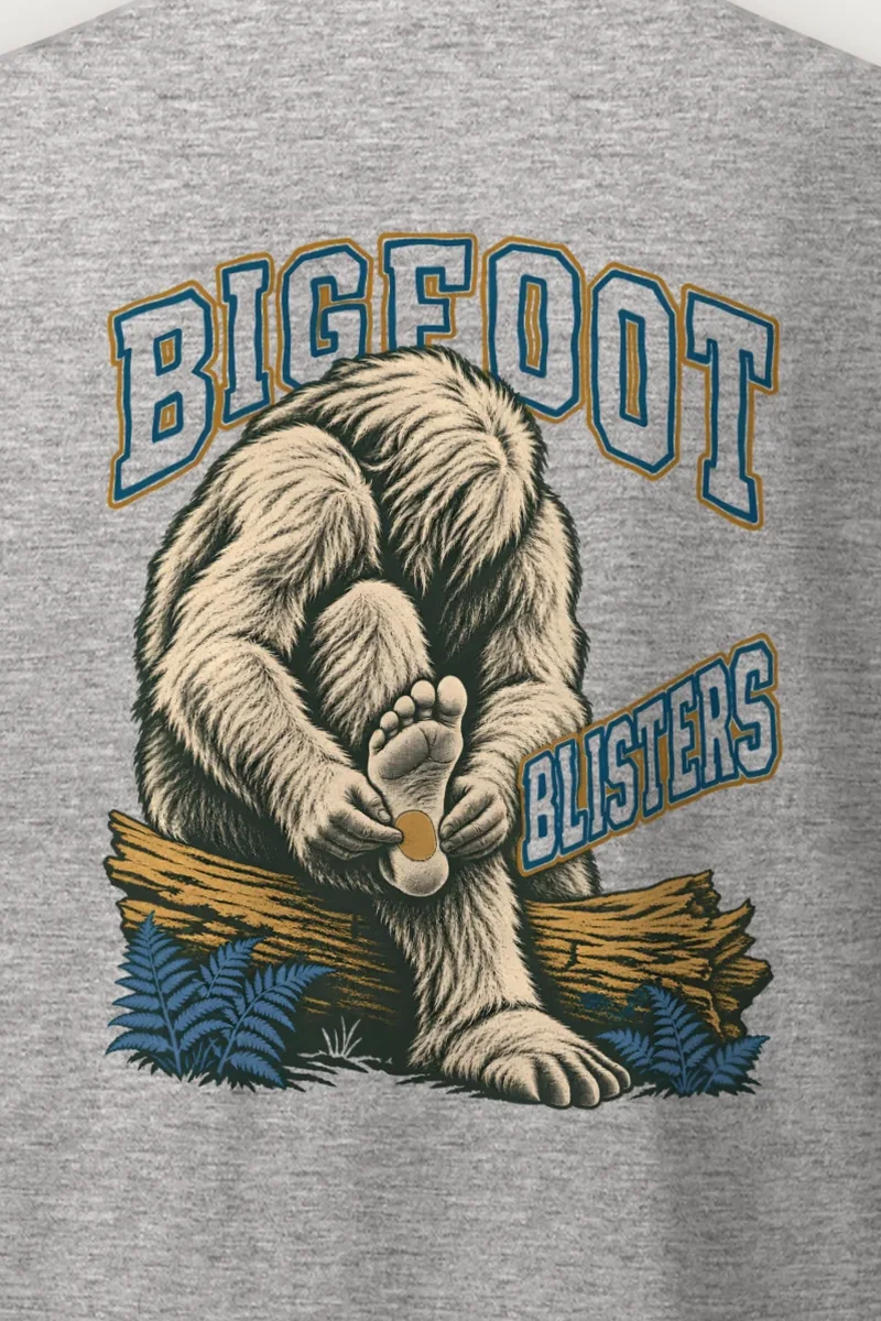 "Bigfoot Blisters" Heavyweight Unisex Crewneck T-shirt - the graphic up close