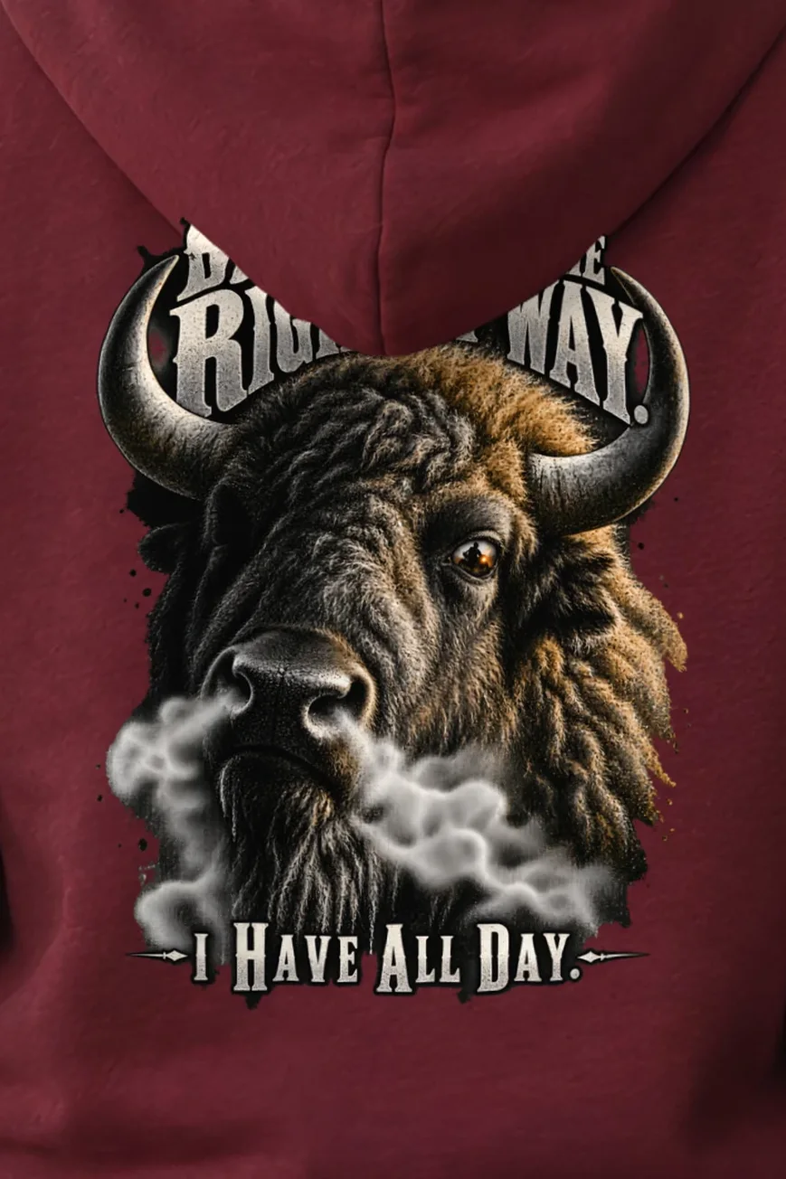 "Bison Have the Right of Way" Heavy Blend Unisex Pullover Hoodie - the graphic up close
