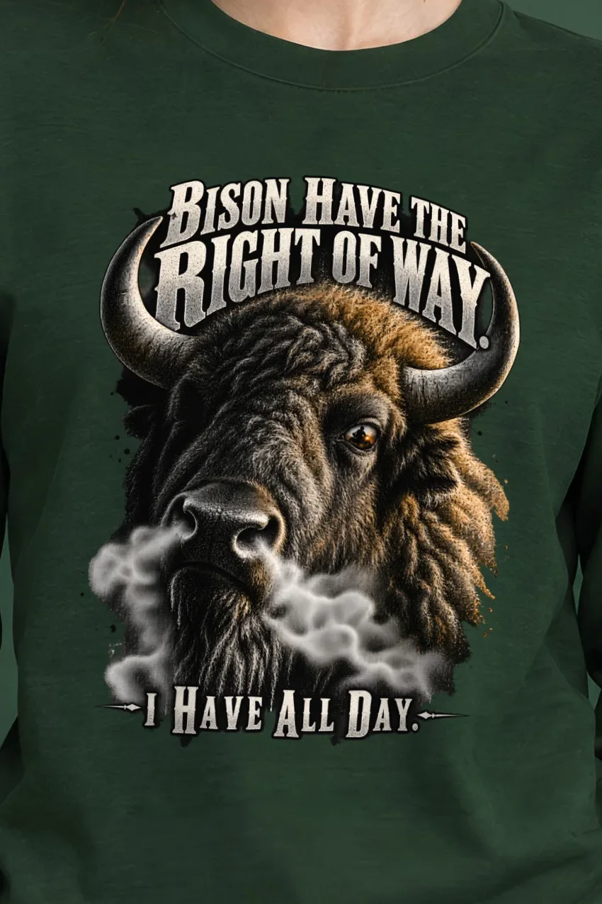 "Bison Right Of Way" Unisex Longsleeve T-shirt - the graphic up close