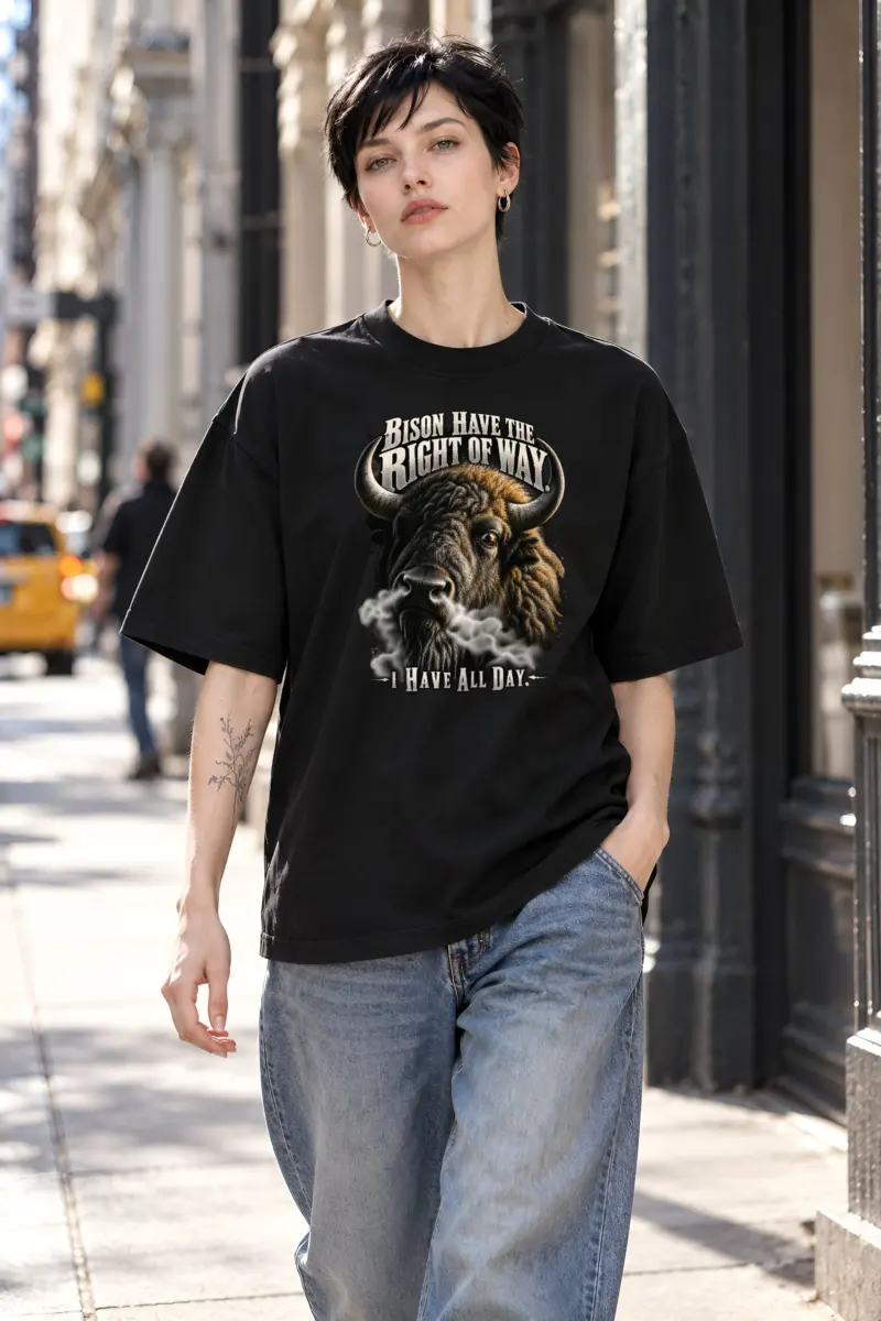 "Bison Right of Way" Unisex Oversized Heavyweight Crewneck T-Shirt