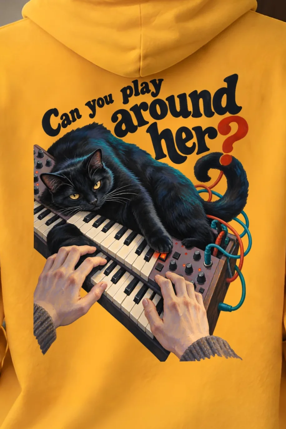 "Black Cat Synth" Unisex Pullover Hoodie - the graphic up close