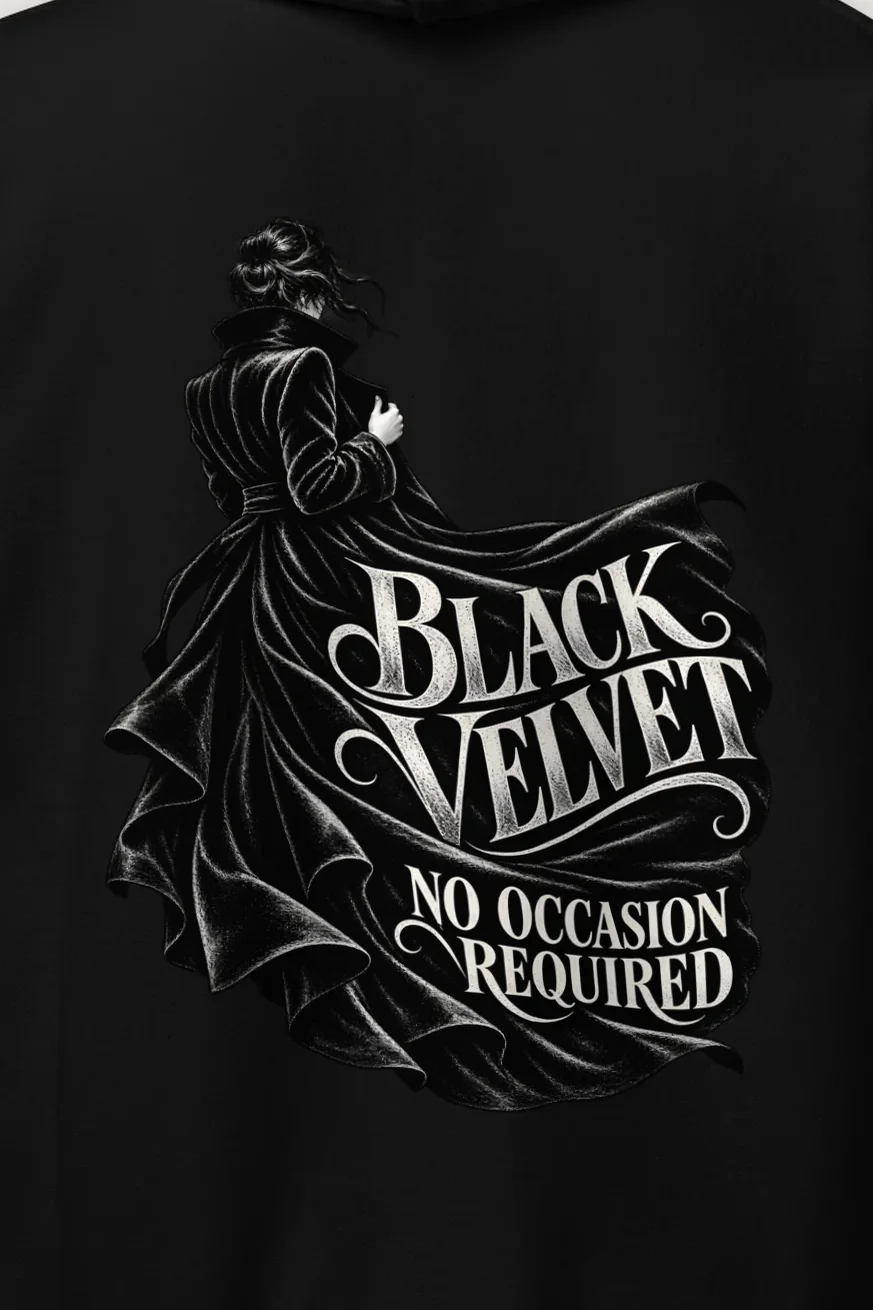"Black Velvet, No Occasion Required" Heavy Blend Unisex Pullover Hoodie - the graphic up close