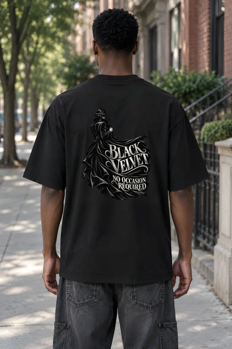 "Black Velvet No Occasion Required" Unisex Oversized Heavyweight Crewneck T-Shirt