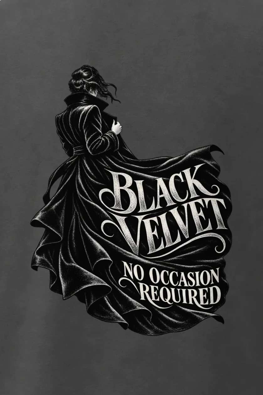 "Black Velvet No Occasion Required" Men’s Oversized Heavyweight Crewneck T-Shirt - the graphic up close