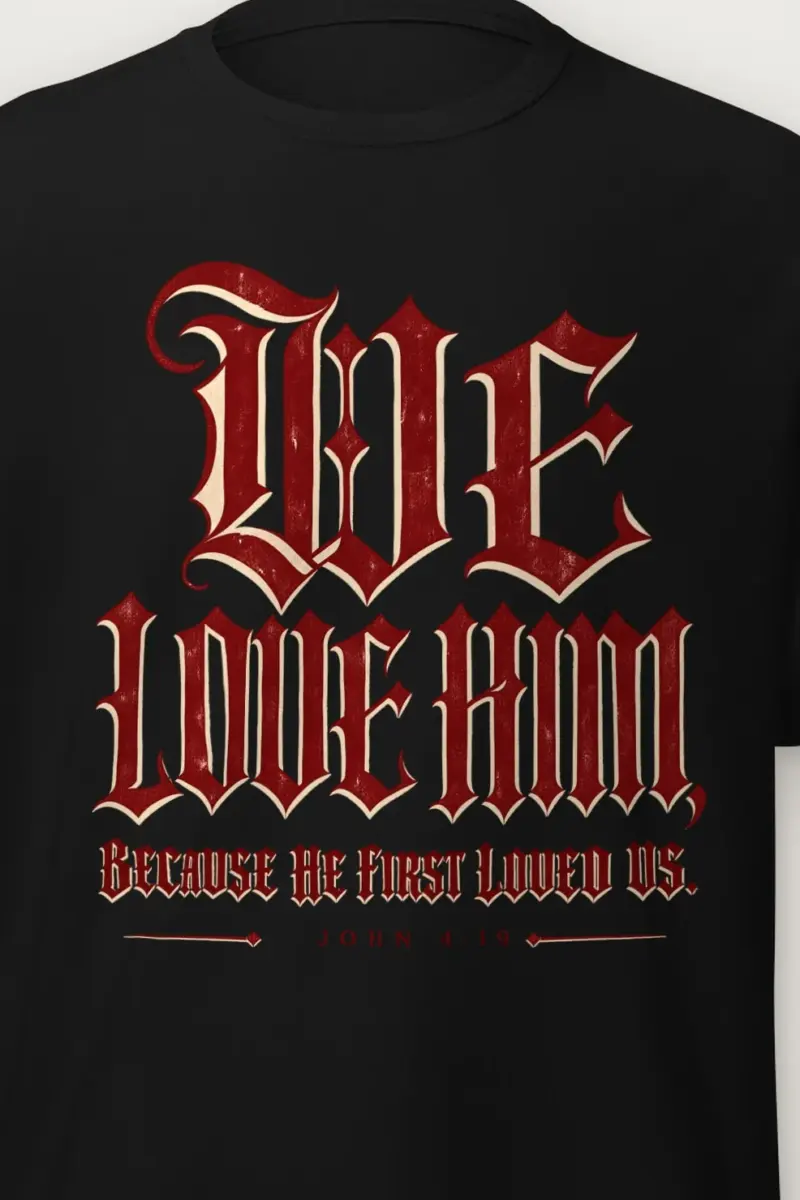 "Blackletter We Love Him" Heavyweight Unisex Crewneck T-shirt - the graphic up close
