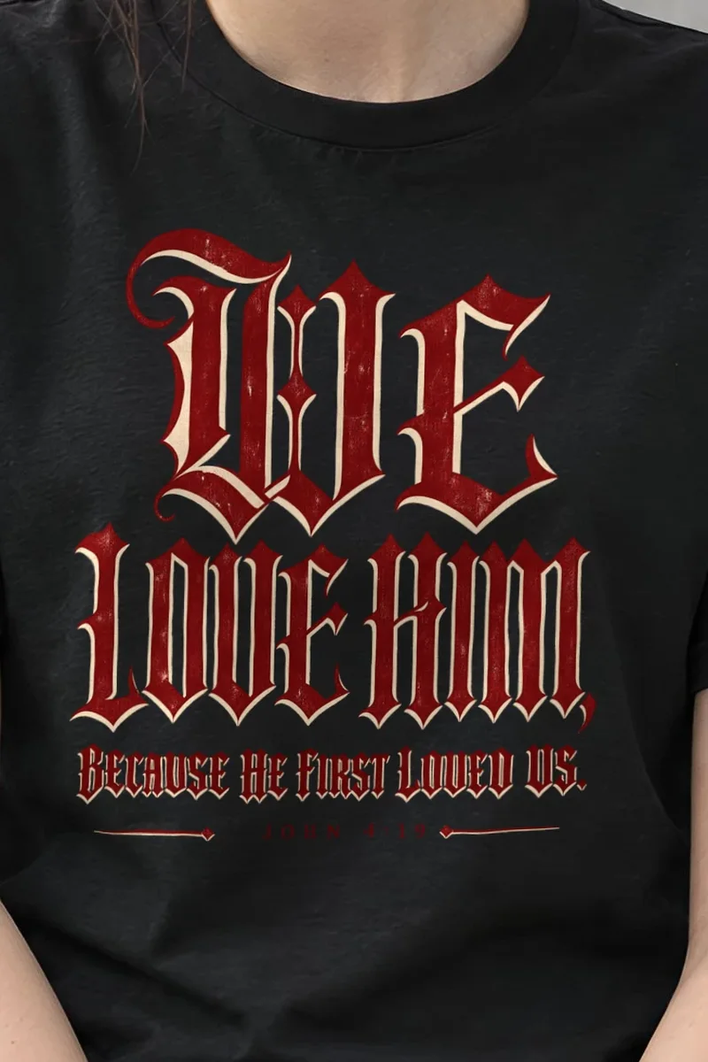"Blackletter We Love Him" Heavyweight Unisex Crewneck T-shirt - the graphic up close