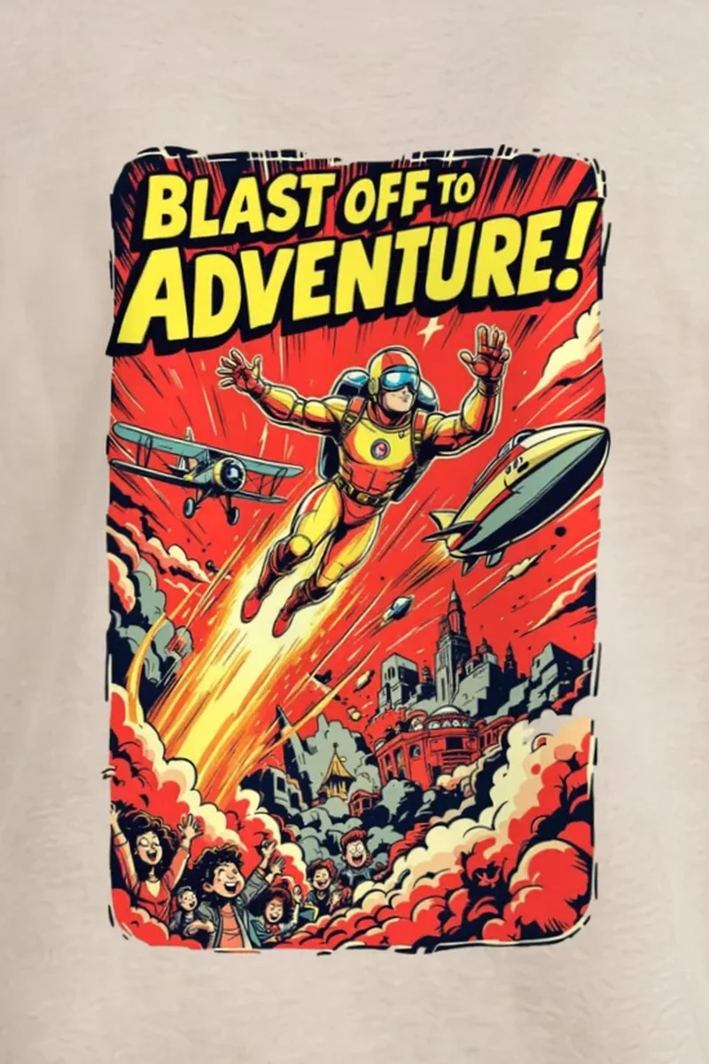 "Blast Off Adventure" Heavyweight Unisex Crewneck T-shirt - the graphic up close