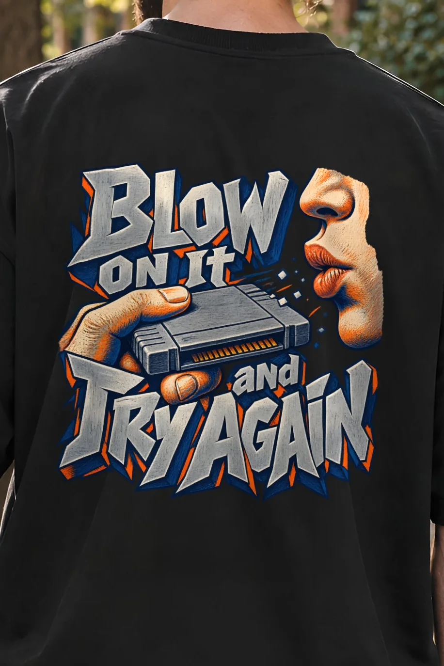 "Blow On It And Try Again" Unisex Oversized Heavyweight Crewneck T-Shirt - the graphic up close
