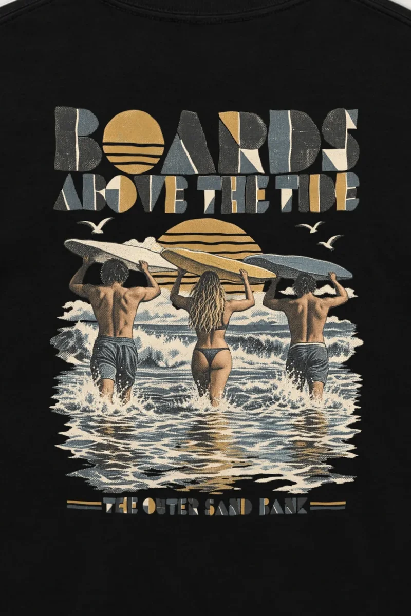 "Boards Above the Tide" Unisex Longsleeve T-shirt - the graphic up close