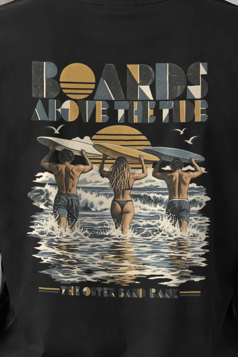 "Boards Above the Tide" Unisex Longsleeve T-shirt - the graphic up close