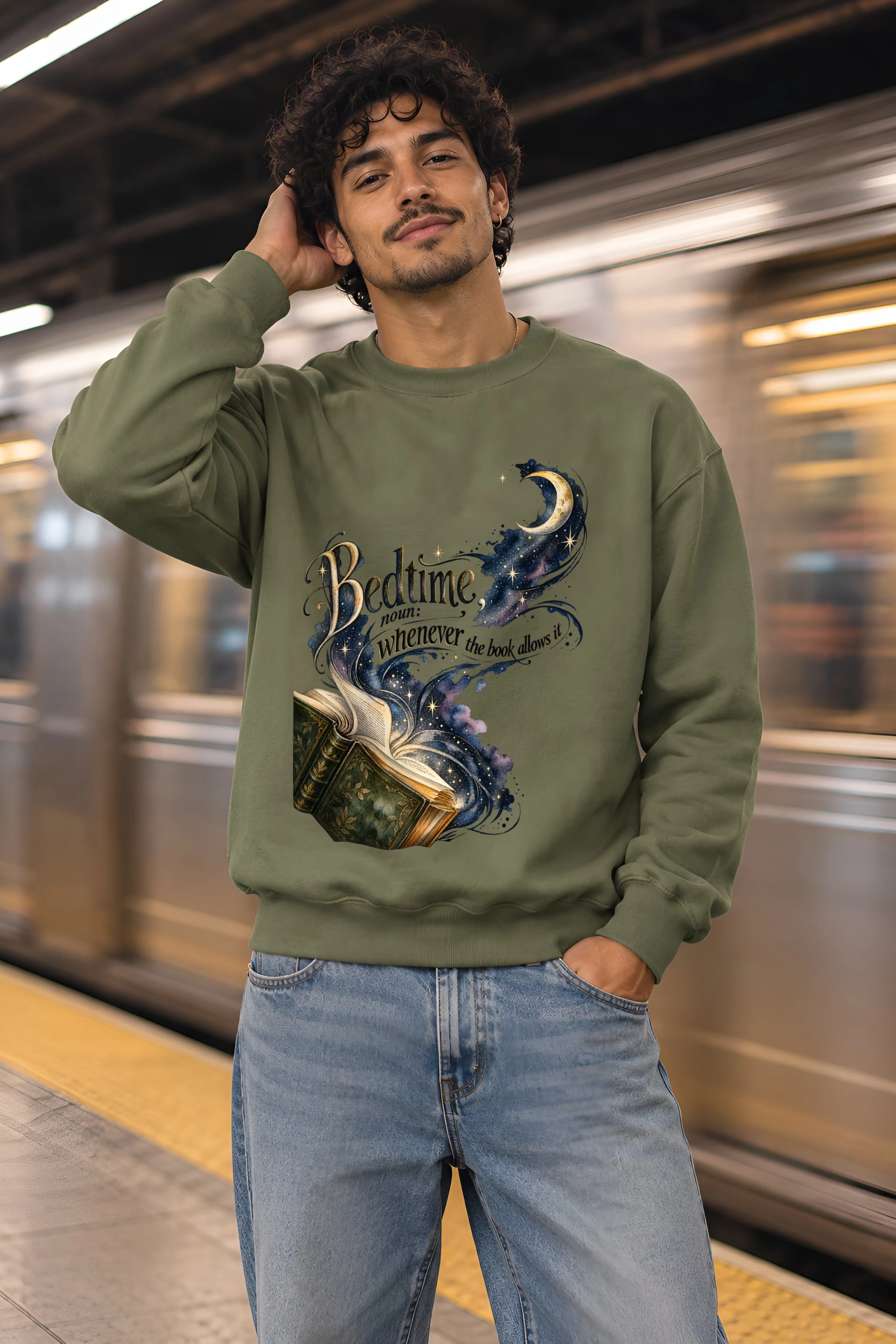 "Book And Crescent Moon" Heavy Blend Unisex Crewneck Sweatshirt