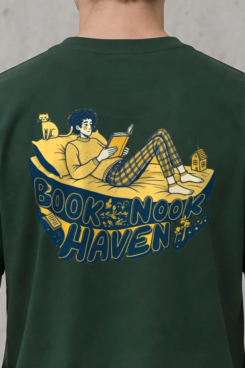 "Book Nook Haven" Heavyweight Unisex Crewneck T-shirt - the graphic up close
