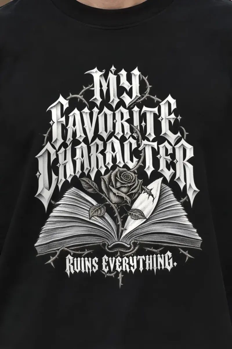"Book Rose And Thorns" Men’s Oversized Heavyweight Crewneck T-Shirt - the graphic up close