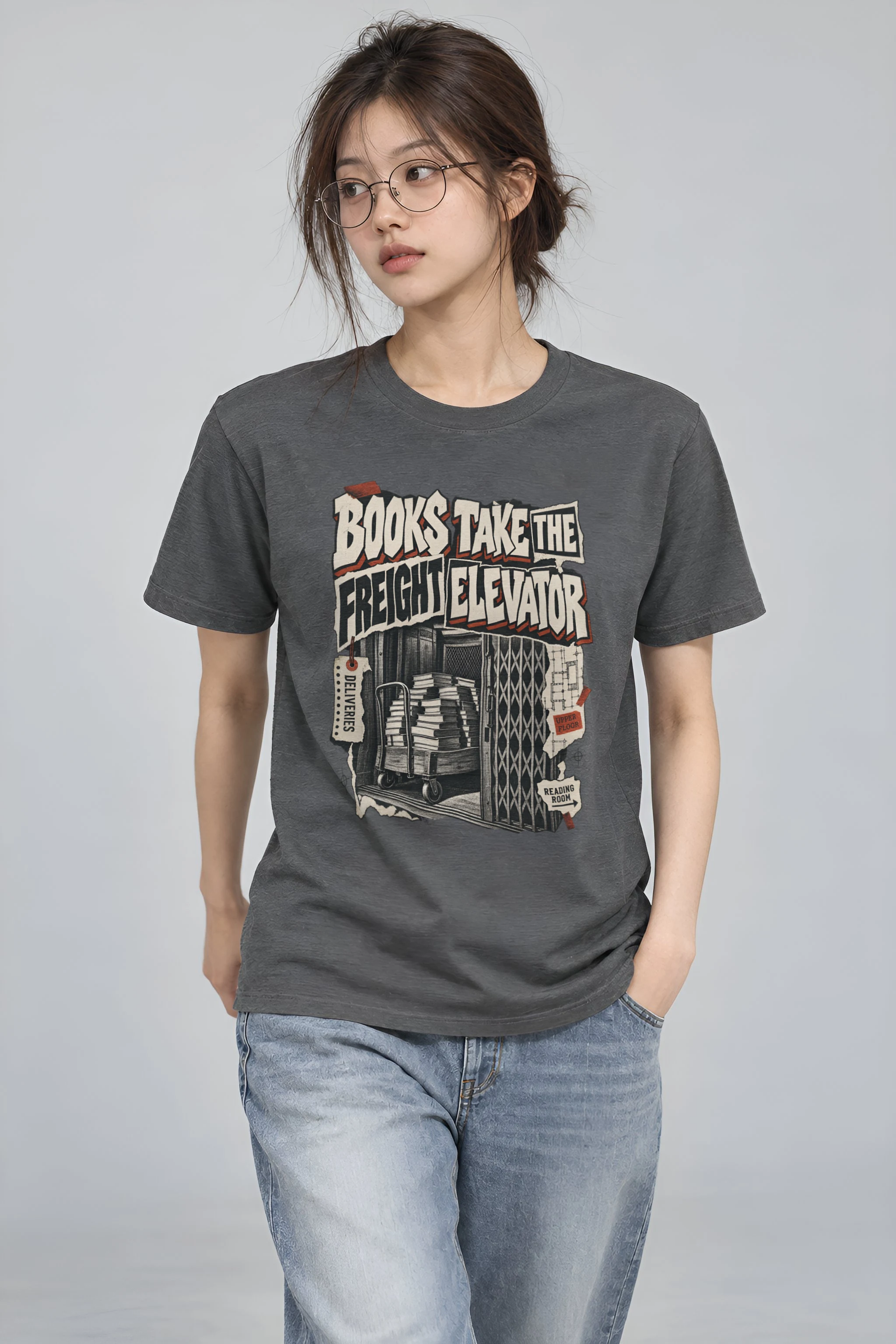 "Books Take the Freight Elevator" Heavyweight Unisex Crewneck T-shirt