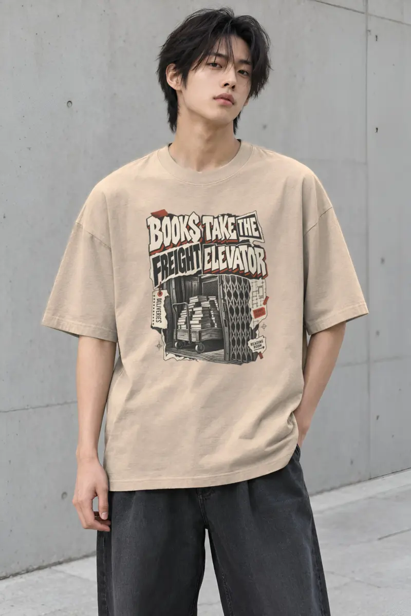 "Books Take the Freight Elevator" Men's Oversized Heavyweight Crewneck T-Shirt