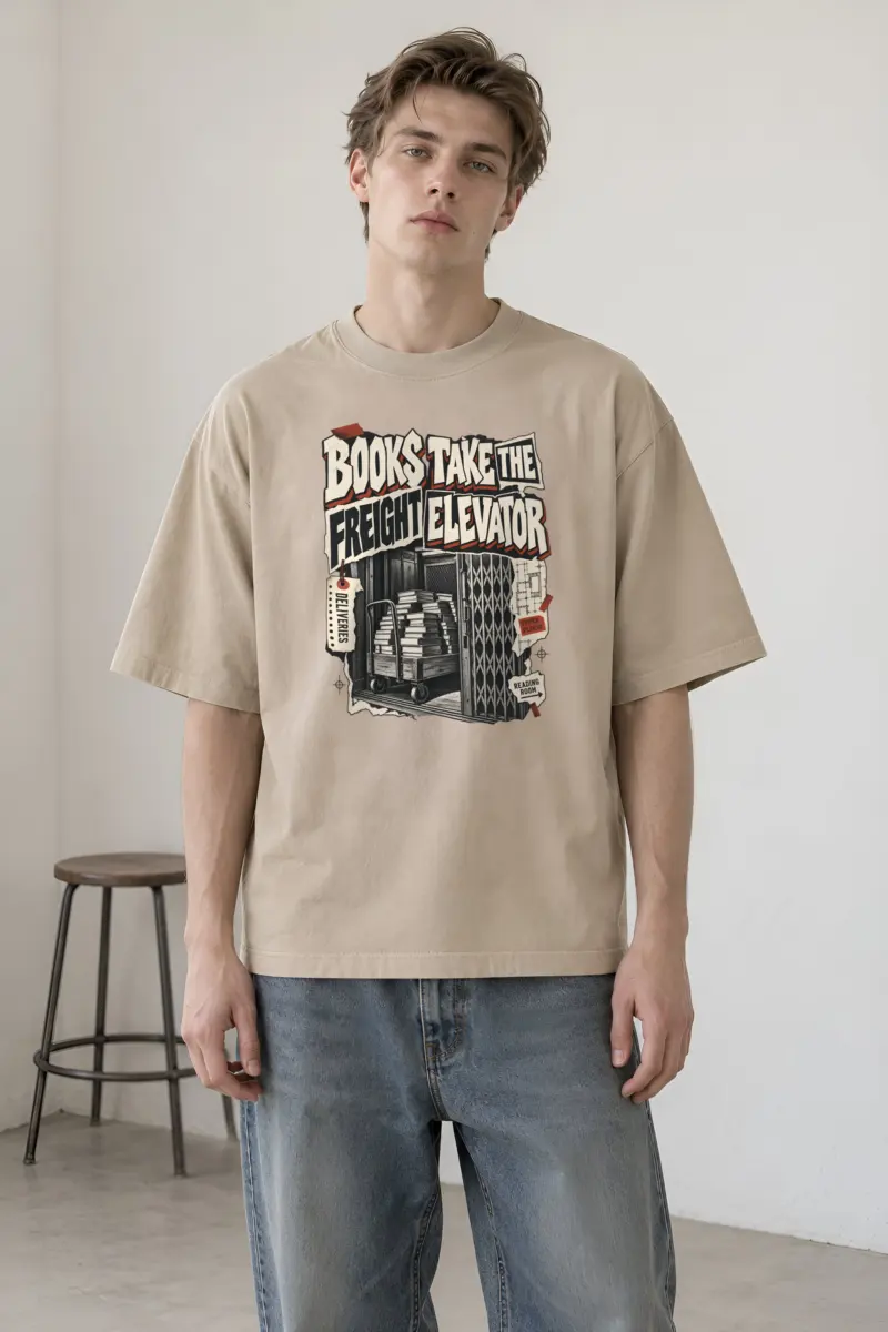 "Books Take the Freight Elevator" Unisex Oversized Heavyweight Crewneck T-Shirt