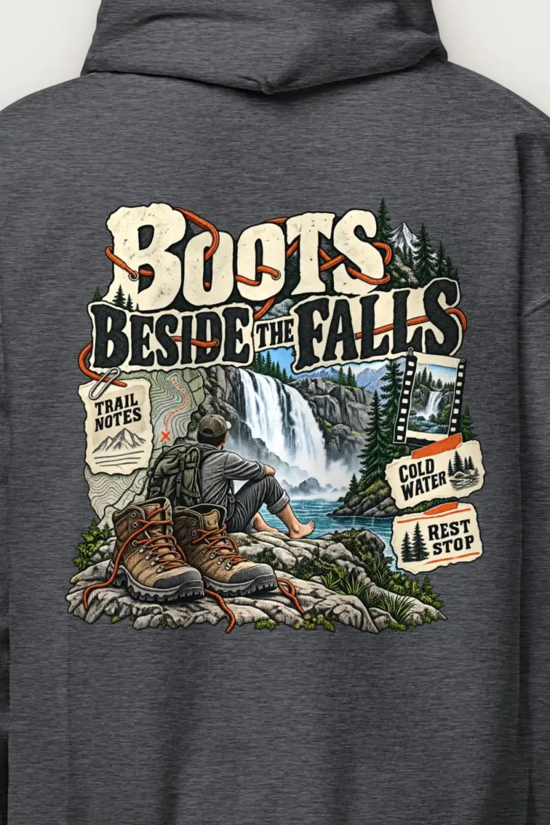 "Boots Beside the Falls" Heavy Blend Unisex Pullover Hoodie - the graphic up close