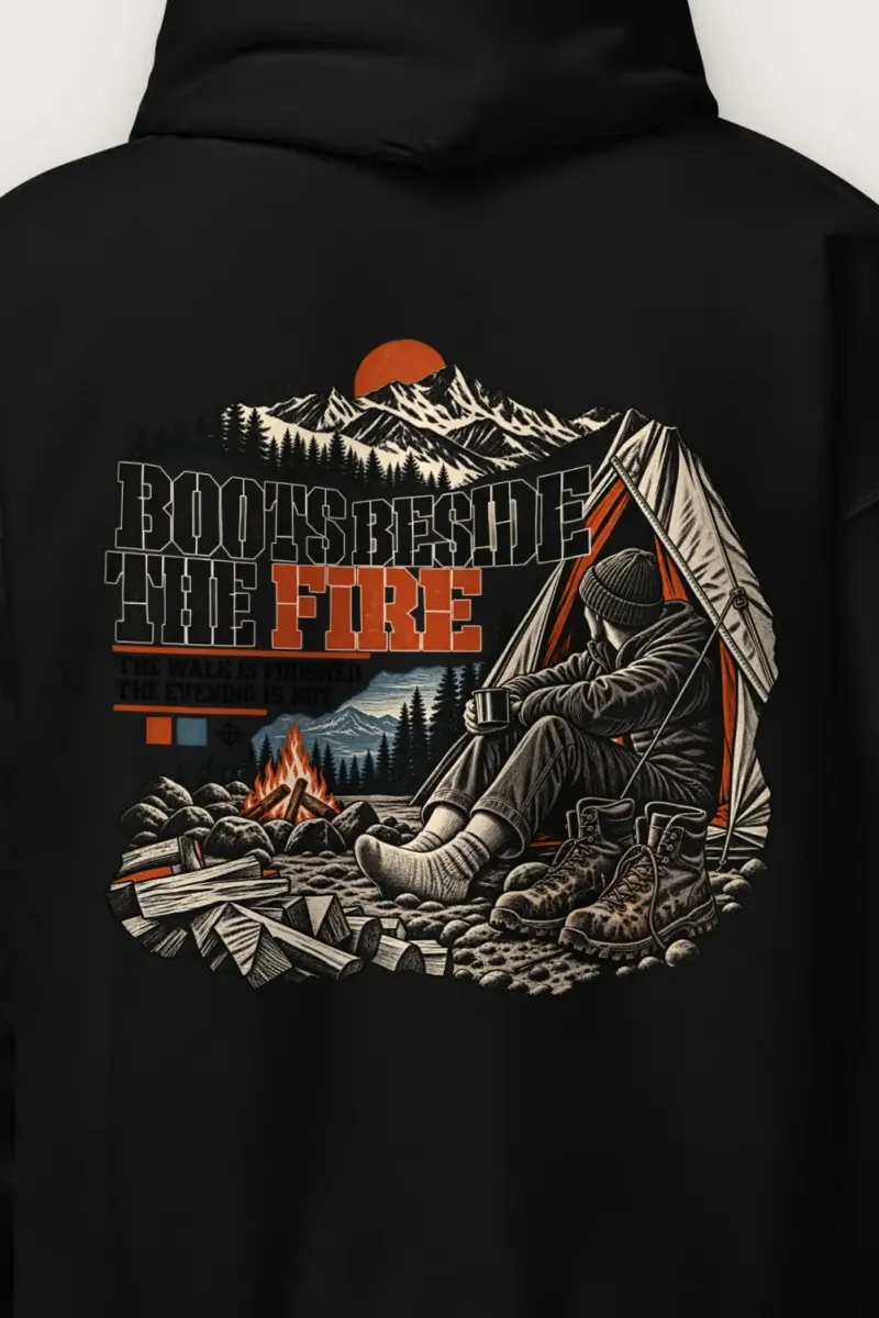 "Boots Beside the Fire" Heavy Blend Unisex Pullover Hoodie - the graphic up close