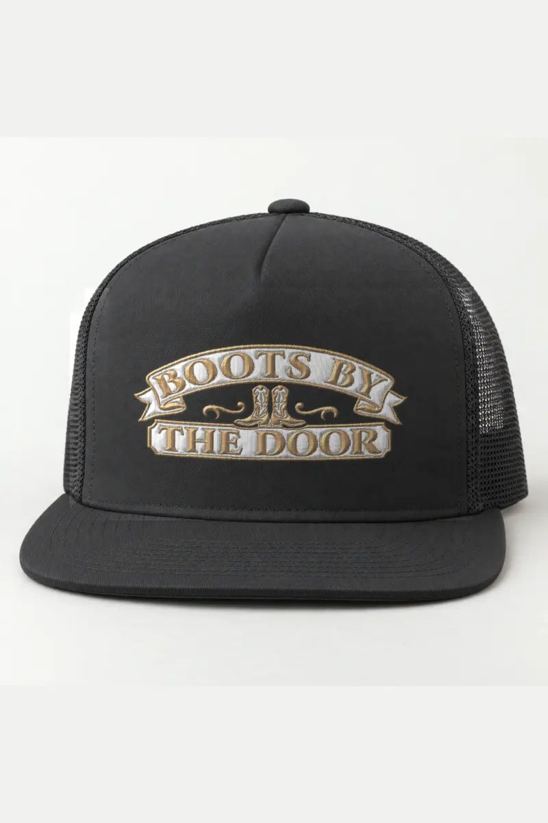 "Boots by the Door" 5 Panel Trucker Cap · Embroidered