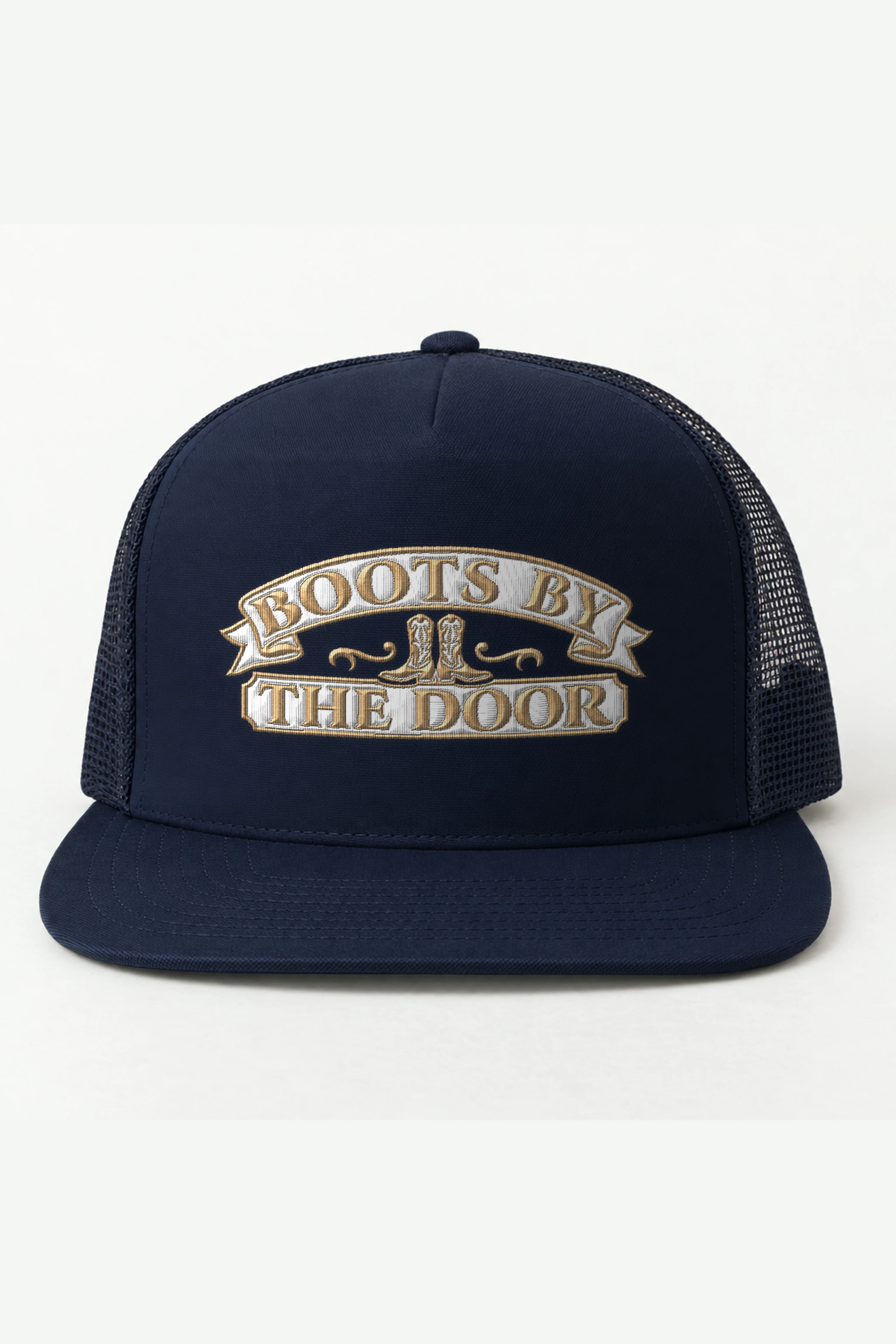 "Boots by the Door" 5 Panel Trucker Cap · Embroidered