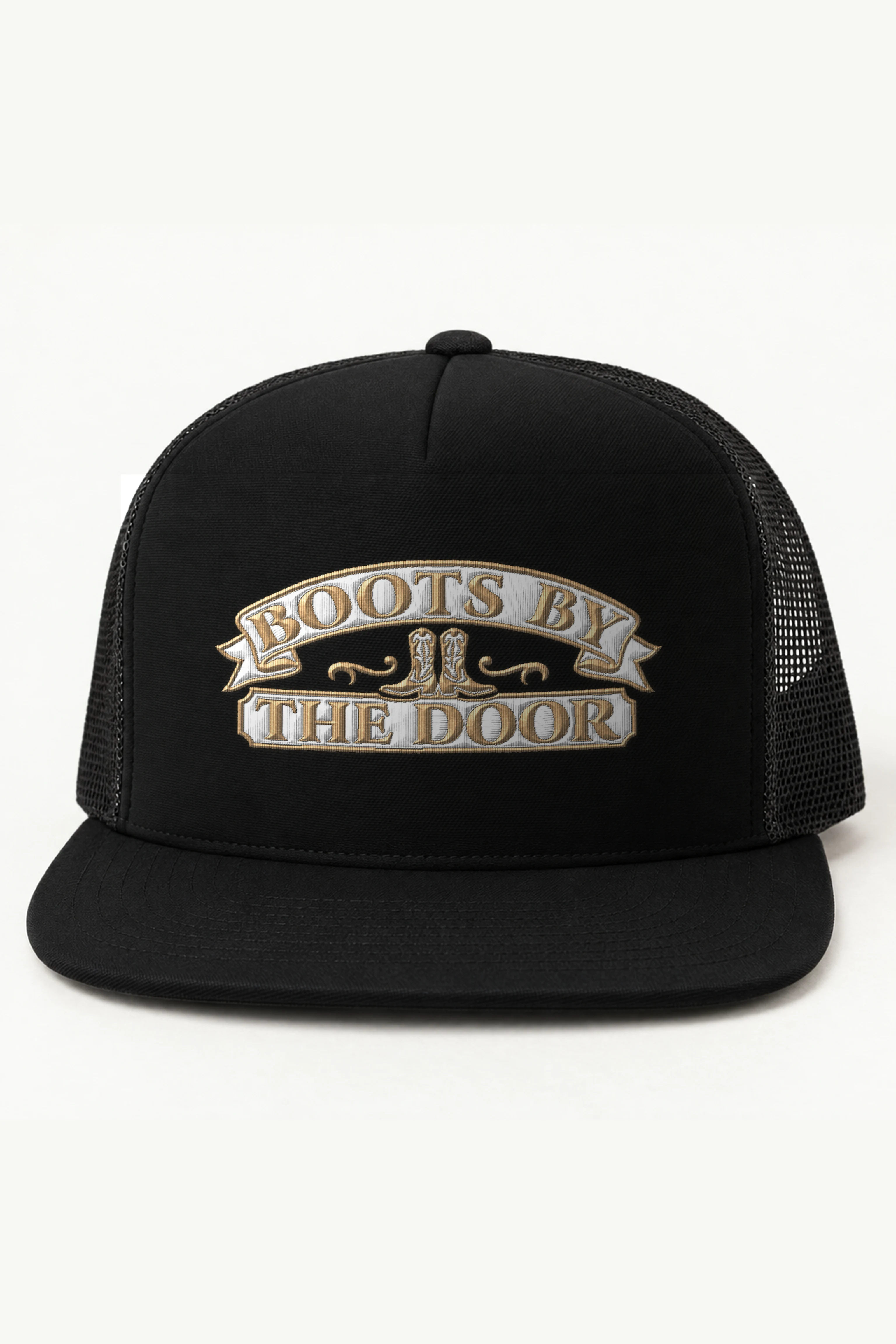 "Boots by the Door" 5 Panel Trucker Cap · Embroidered