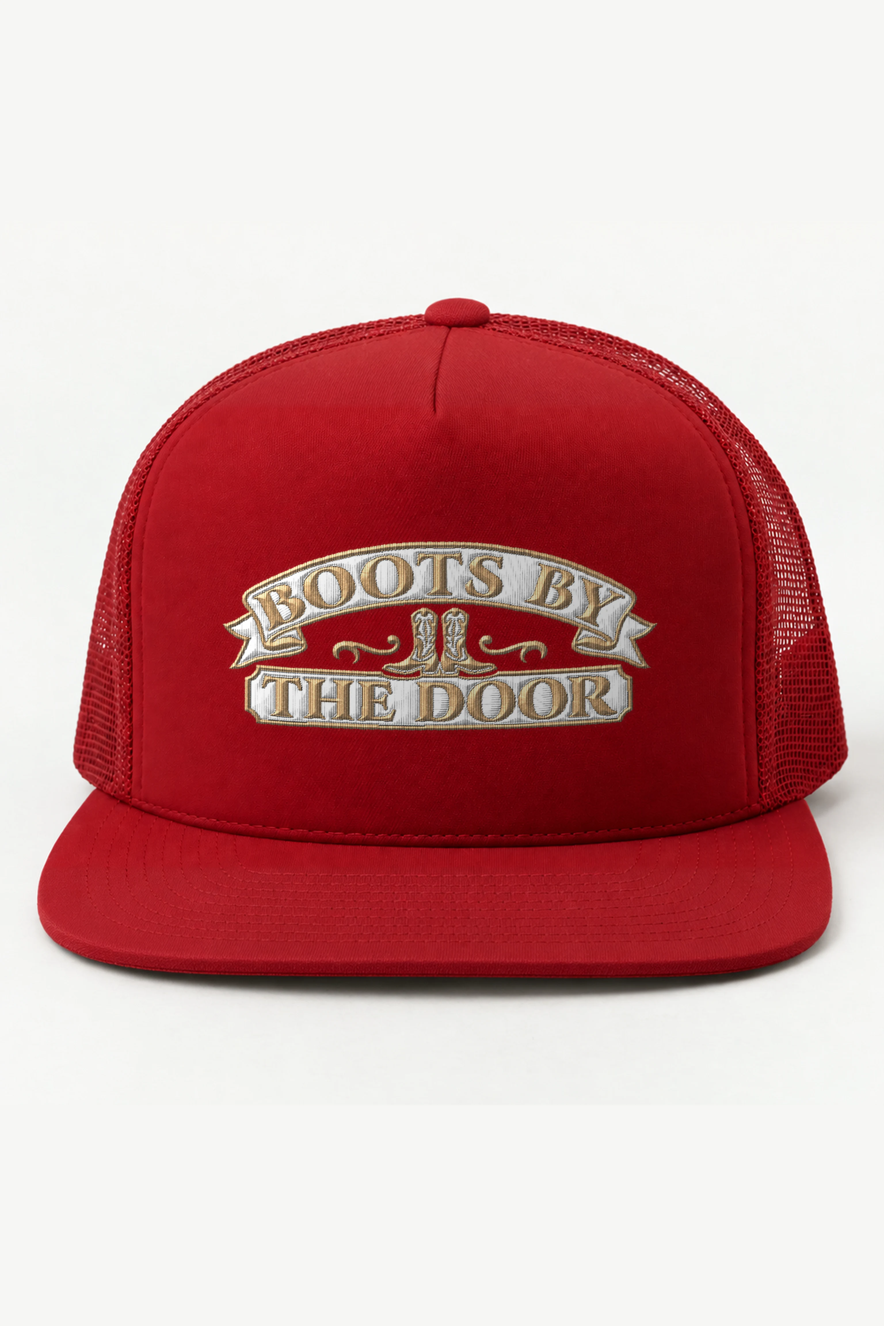 "Boots by the Door" 5 Panel Trucker Cap · Embroidered