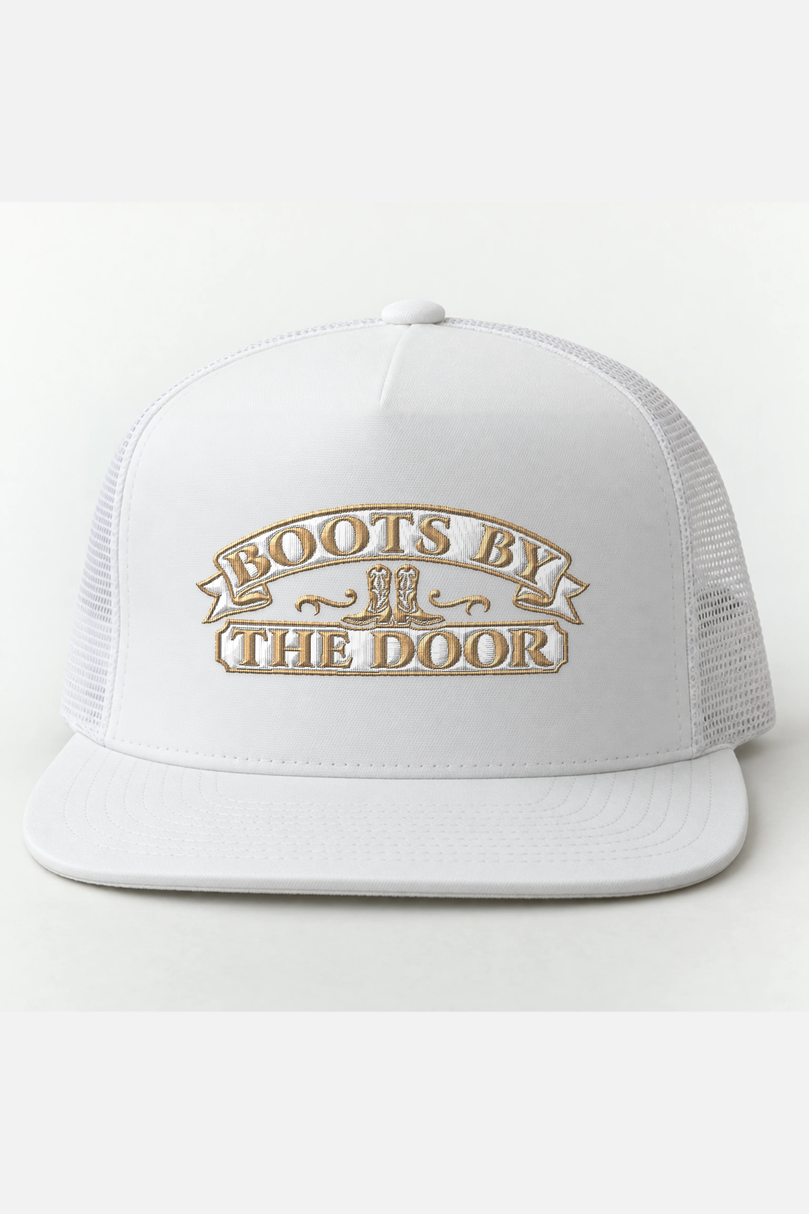"Boots by the Door" 5 Panel Trucker Cap · Embroidered