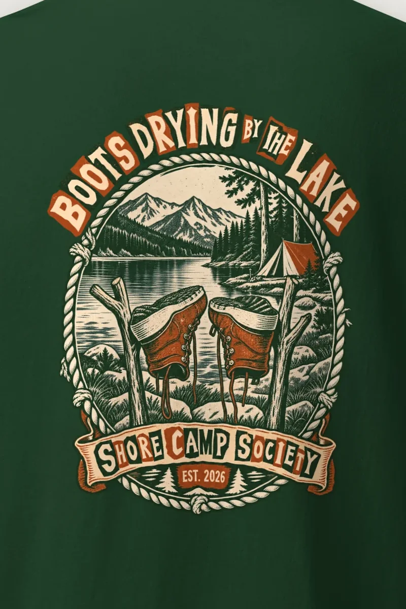 "Boots Drying by the Lake" Heavyweight Unisex Crewneck T-shirt - the graphic up close