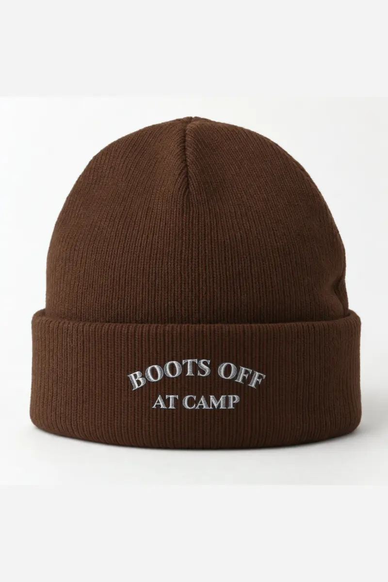"Boots Off At Camp" Cuffed Beanie · Embroidered