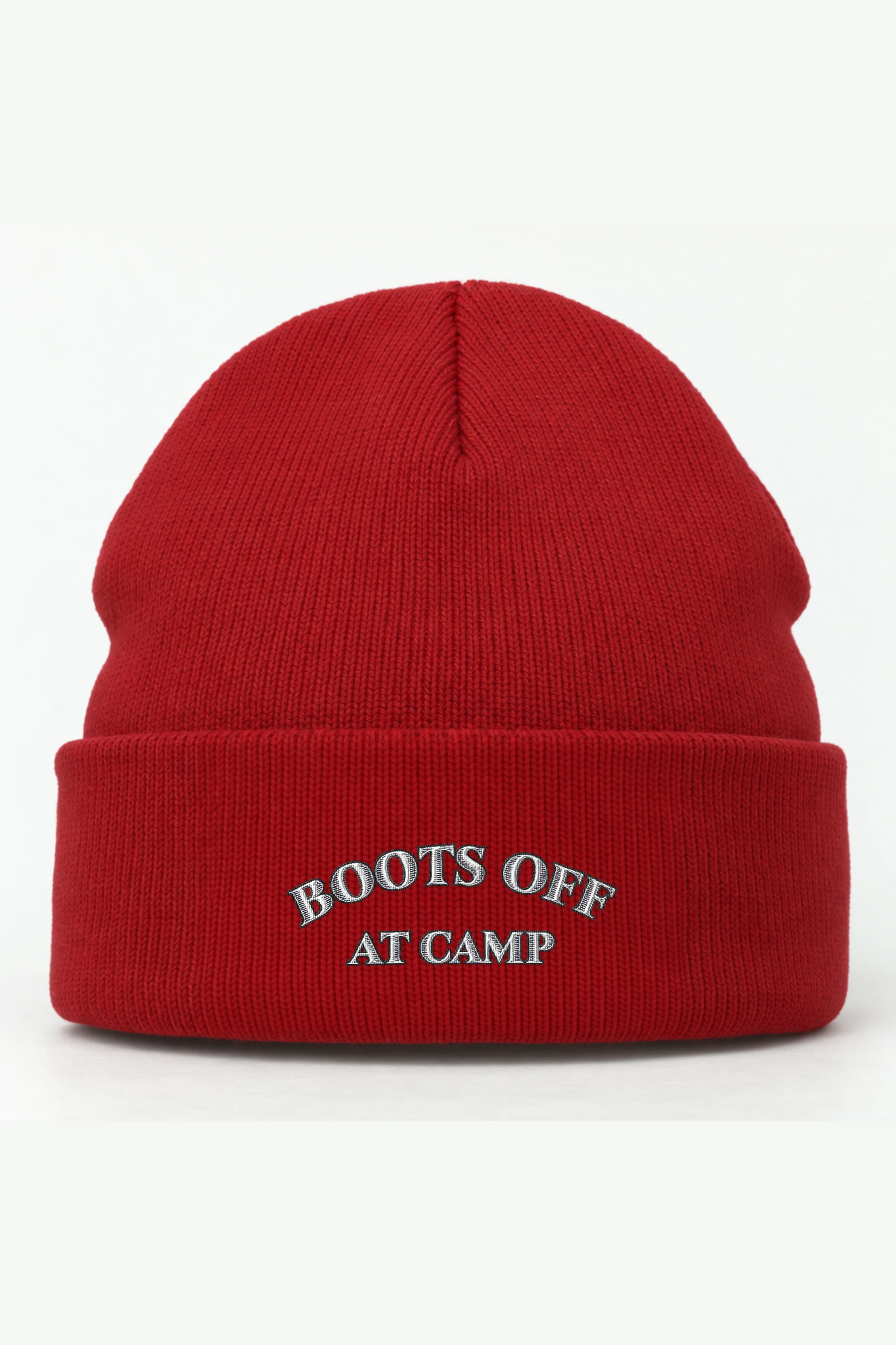 "Boots Off At Camp" Cuffed Beanie · Embroidered
