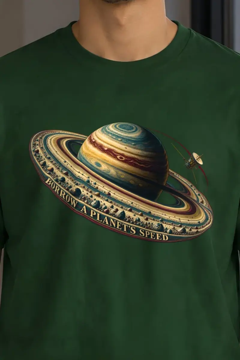 "Borrow a Planet’s Speed" Heavyweight Unisex Crewneck T-shirt - the graphic up close