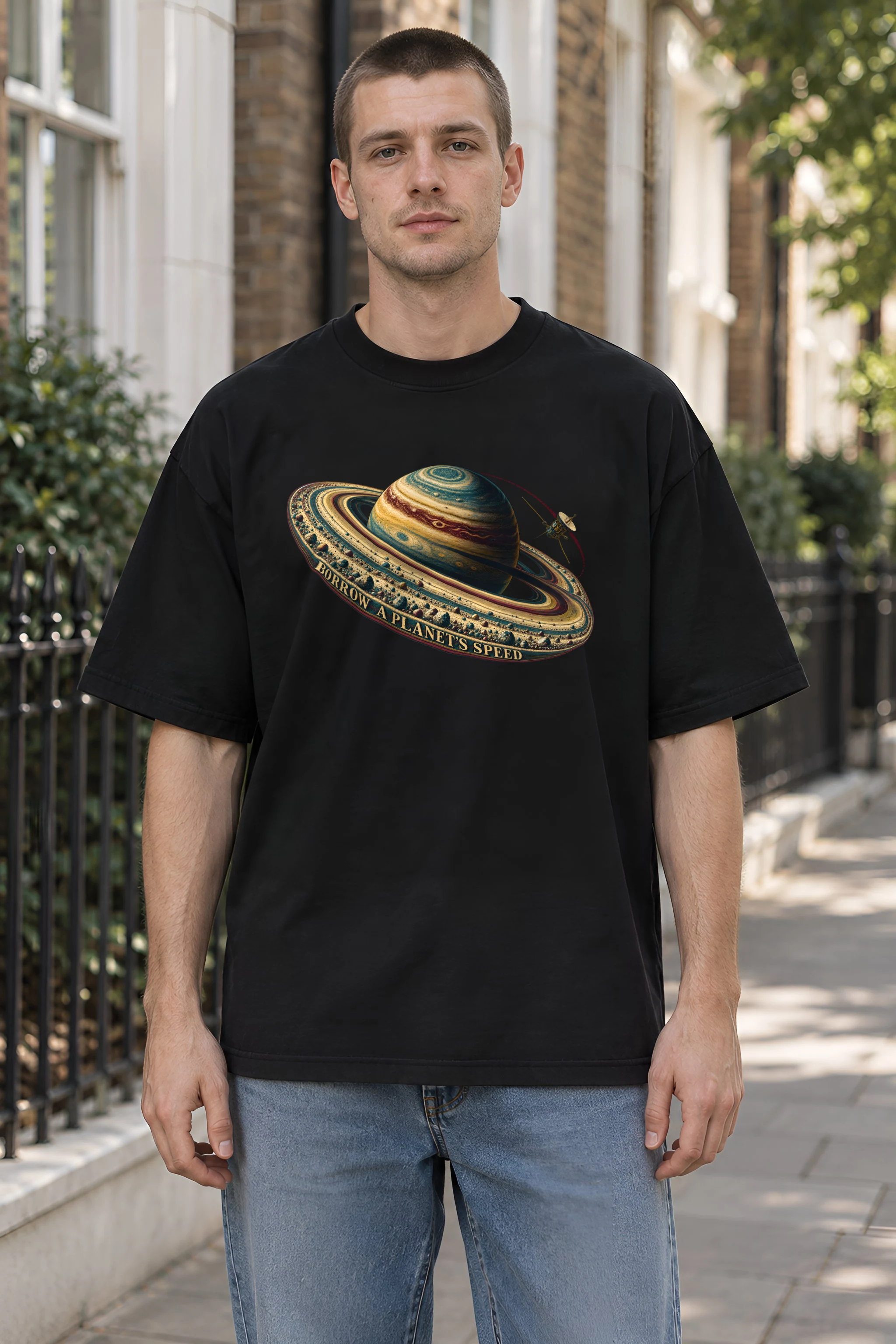 "Borrow a Planet's Speed" Men's Oversized Heavyweight Crewneck T-Shirt