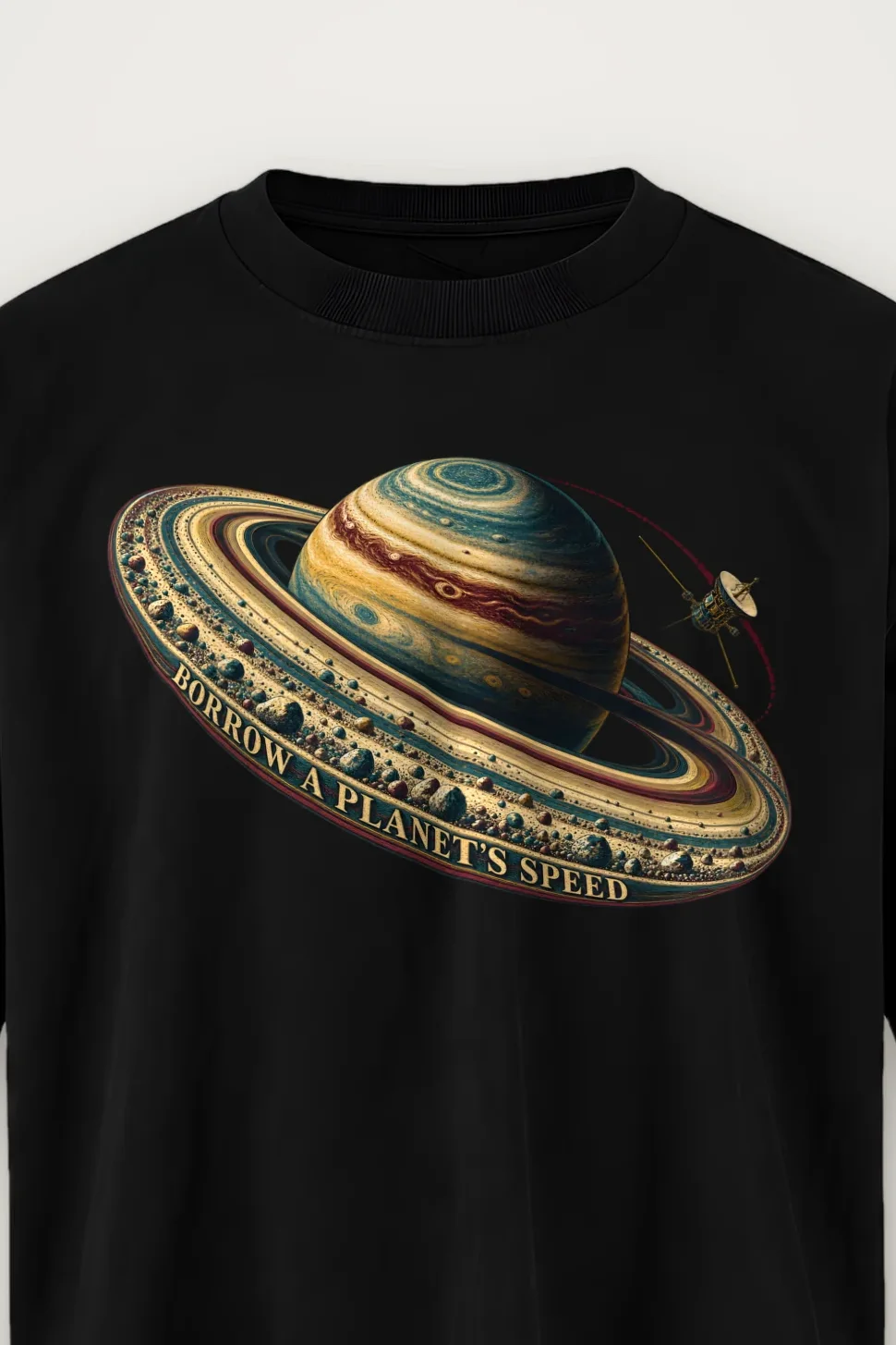 "Borrow a Planet’s Speed" Men’s Oversized Heavyweight Crewneck T-Shirt - the graphic up close