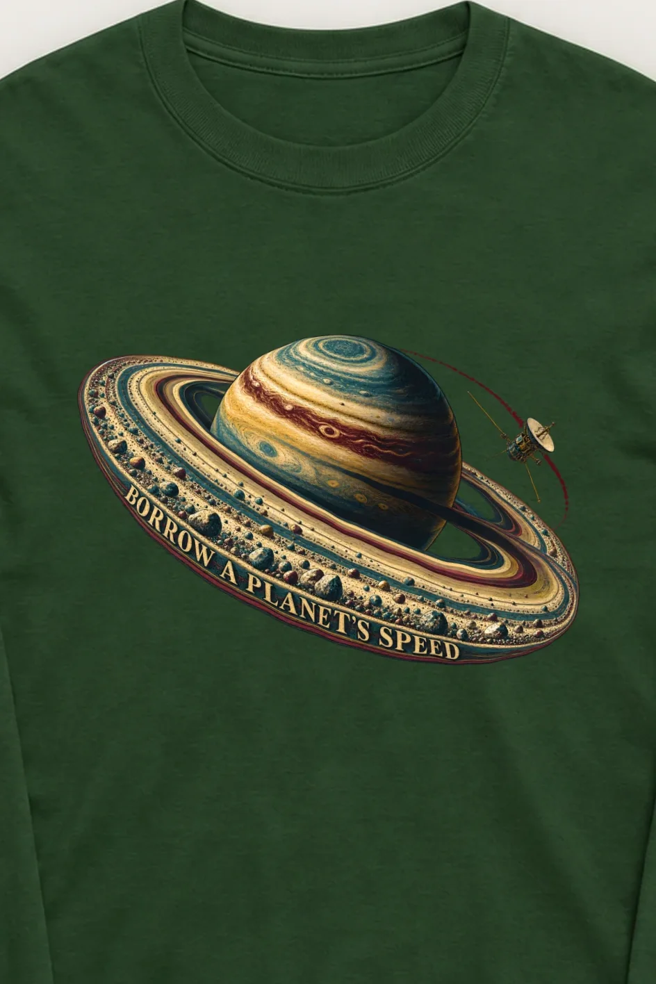 "Borrow a Planet’s Speed" Unisex Longsleeve T-shirt - the graphic up close