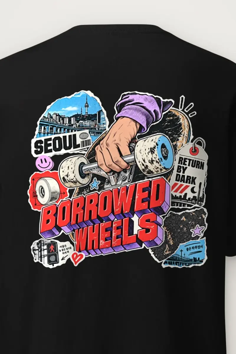 "Borrowed Wheels" Heavyweight Unisex Crewneck T-shirt - the graphic up close