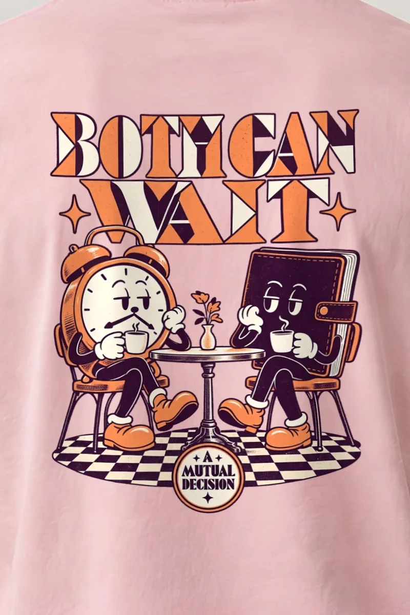 "Both Can Wait" Heavyweight Unisex Crewneck T-shirt - the graphic up close