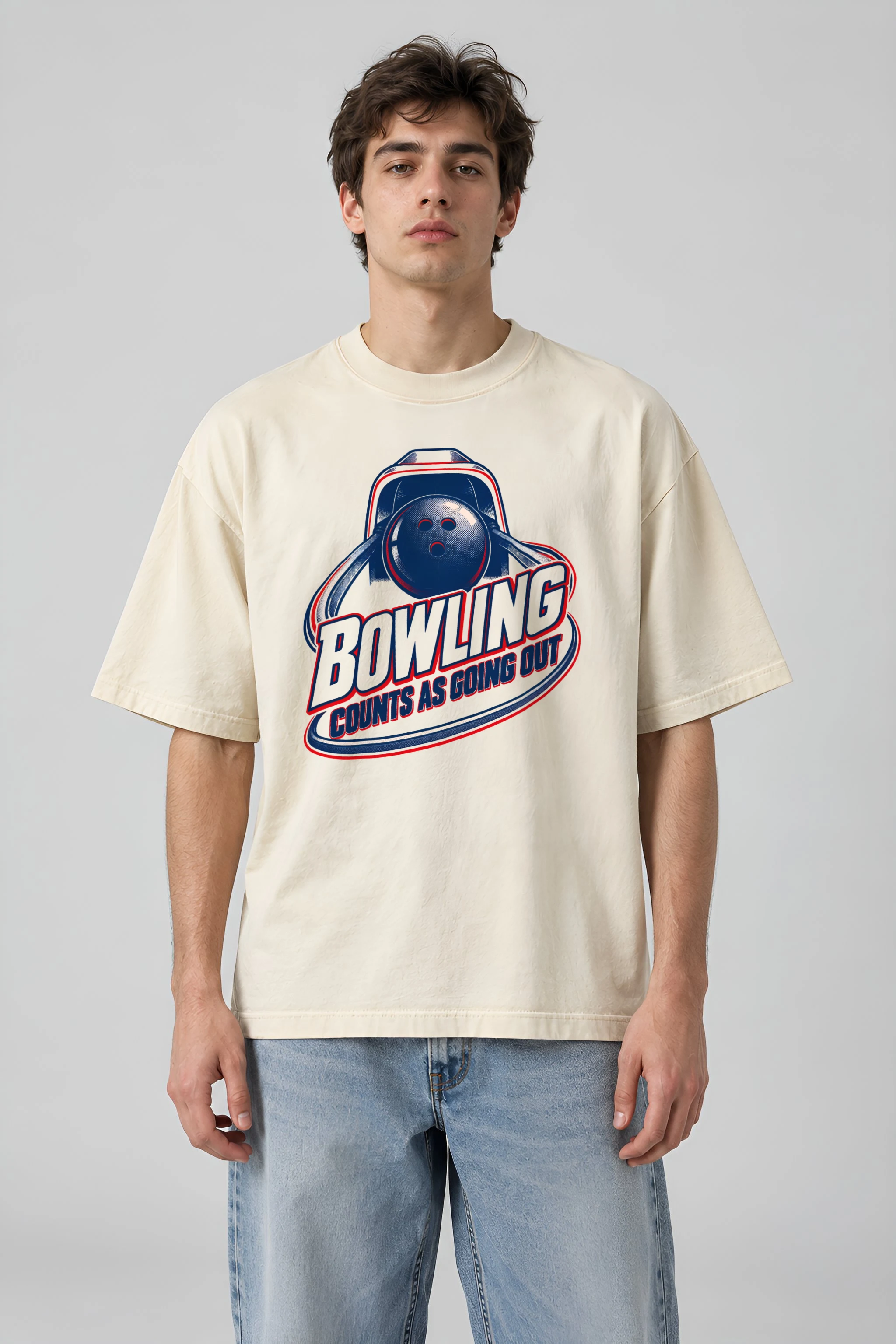 "Bowling Counts as Going Out" Men's Oversized Heavyweight Crewneck T-Shirt