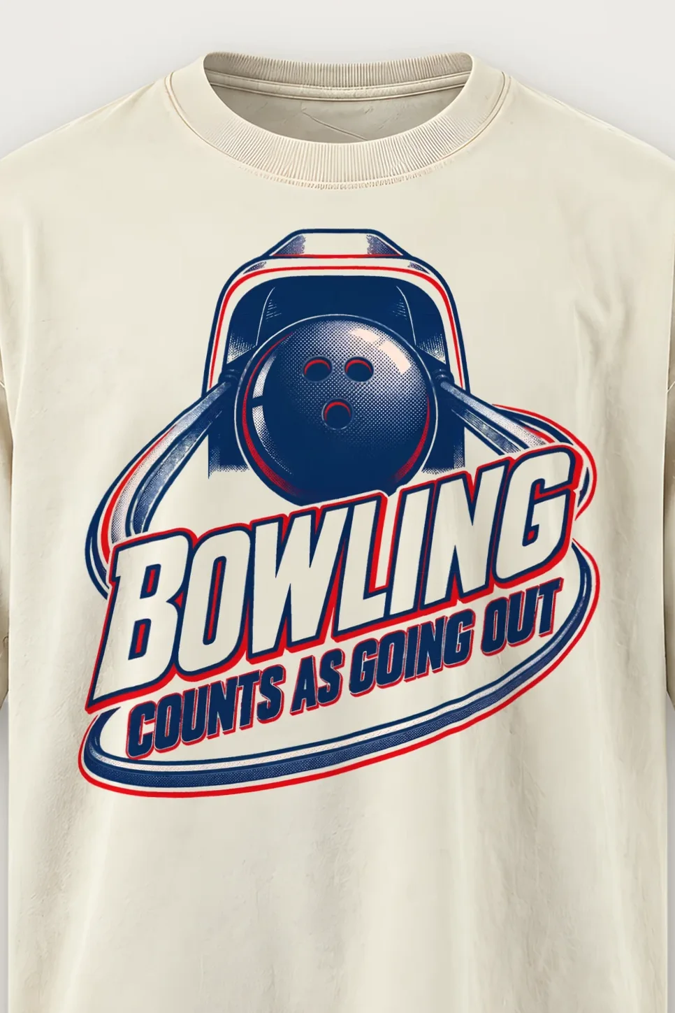 "Bowling Counts as Going Out" Men’s Oversized Heavyweight Crewneck T-Shirt - the graphic up close