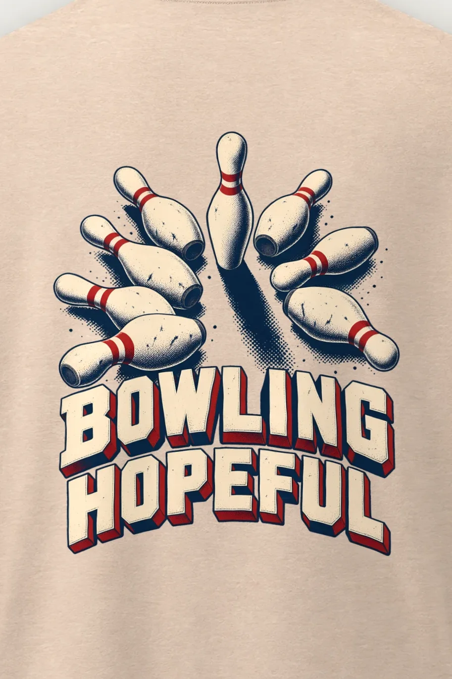 "Bowling Hopeful" Men’s Oversized Heavyweight Crewneck T-Shirt - the graphic up close