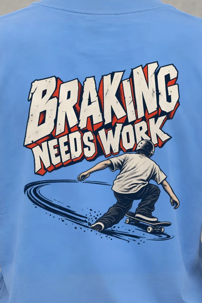 "Braking Needs Work" Heavyweight Unisex Crewneck T-shirt - the graphic up close