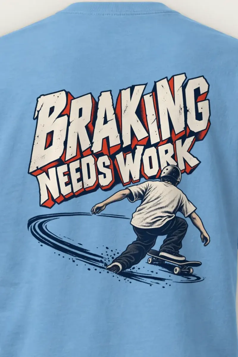 "Braking Needs Work" Heavyweight Unisex Crewneck T-shirt - the graphic up close