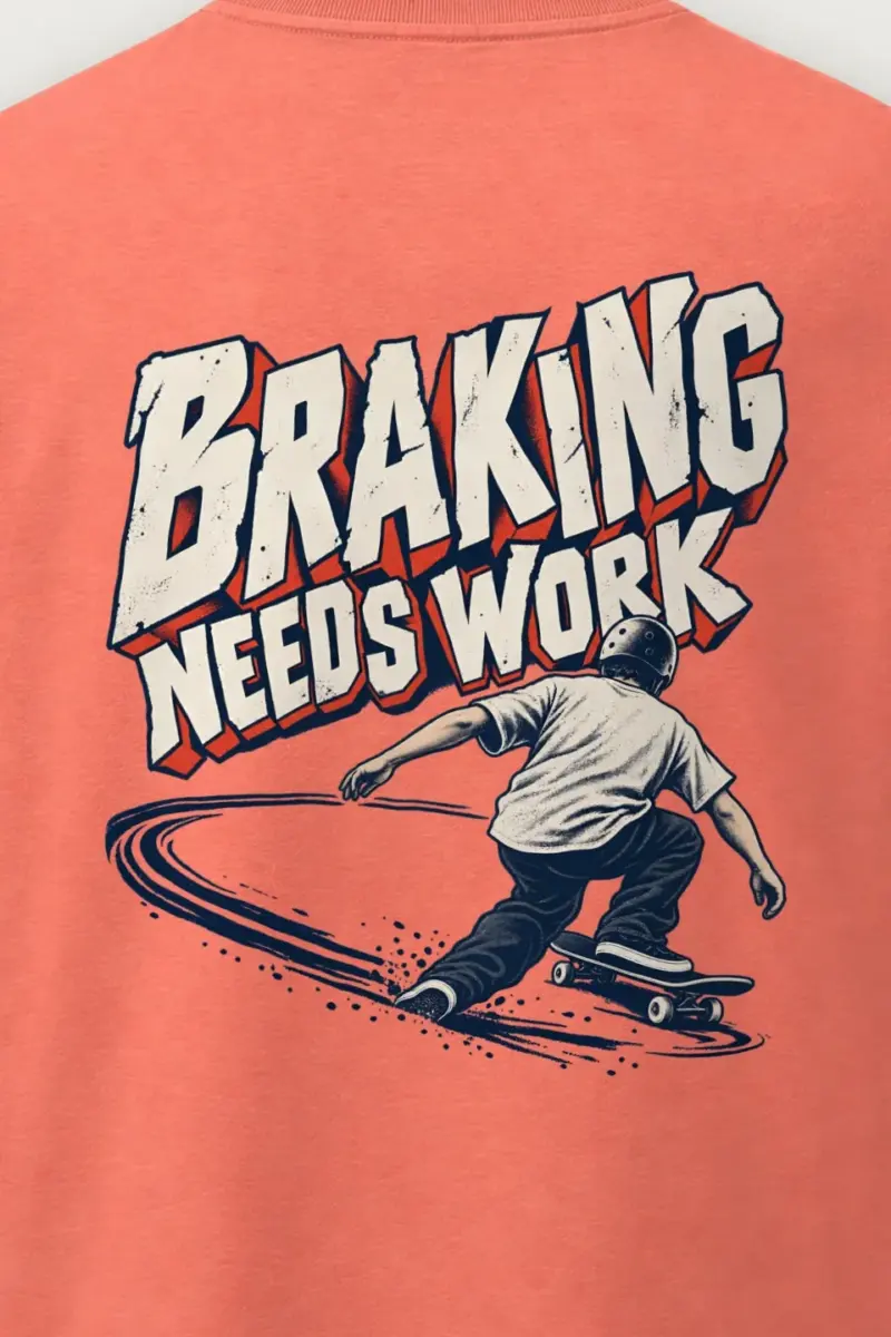 "Braking Needs Work" Men’s Oversized Heavyweight Crewneck T-Shirt - the graphic up close