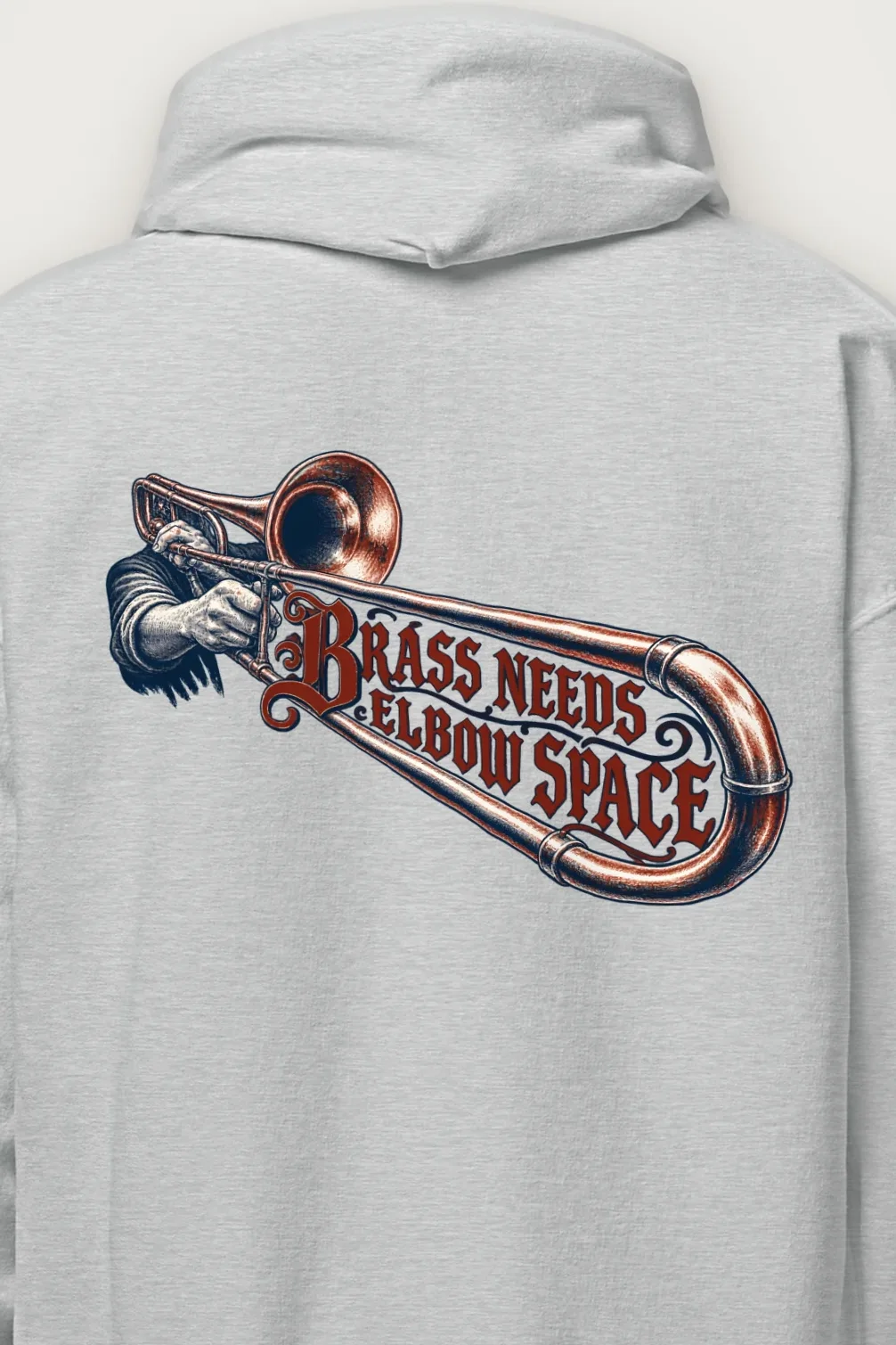 "Brass Needs Elbow Space" Heavy Blend Unisex Pullover Hoodie - the graphic up close