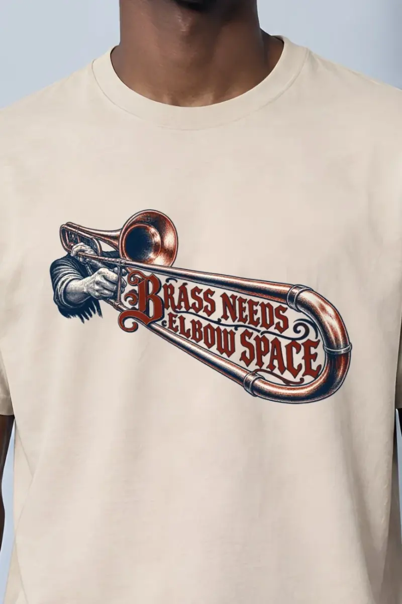 "Brass Needs Elbow Space" Heavyweight Unisex Crewneck T-shirt - the graphic up close