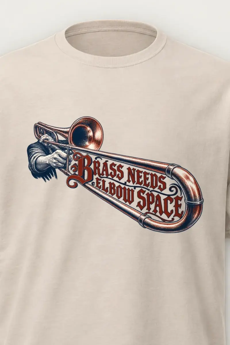 "Brass Needs Elbow Space" Heavyweight Unisex Crewneck T-shirt - the graphic up close