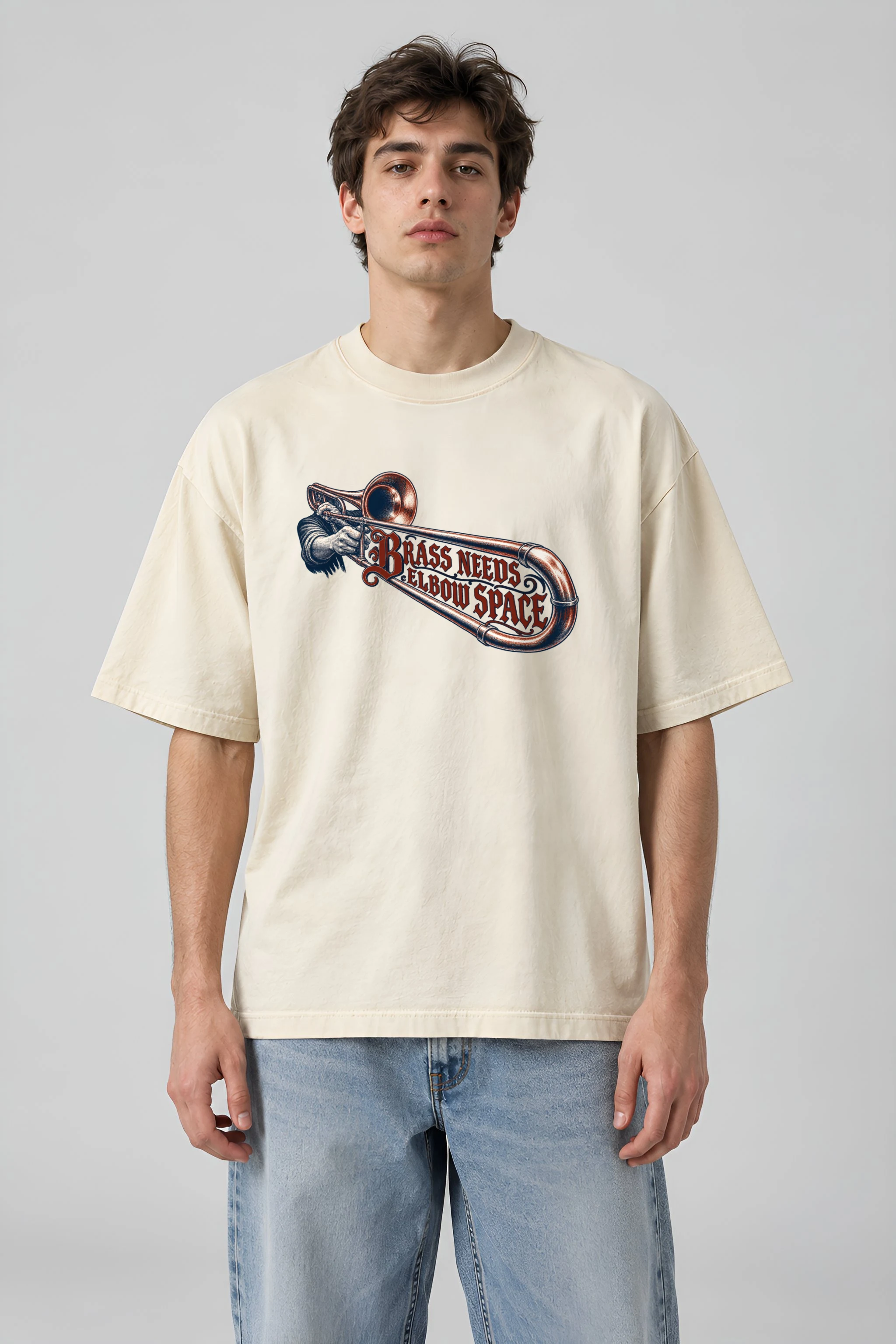 "Brass Needs Elbow Space" Men's Oversized Heavyweight Crewneck T-Shirt