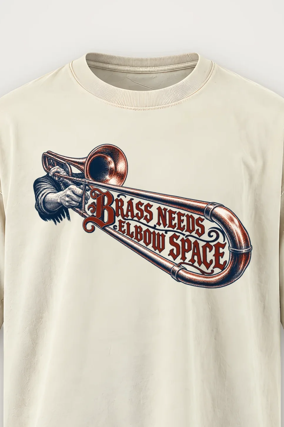 "Brass Needs Elbow Space" Men’s Oversized Heavyweight Crewneck T-Shirt - the graphic up close
