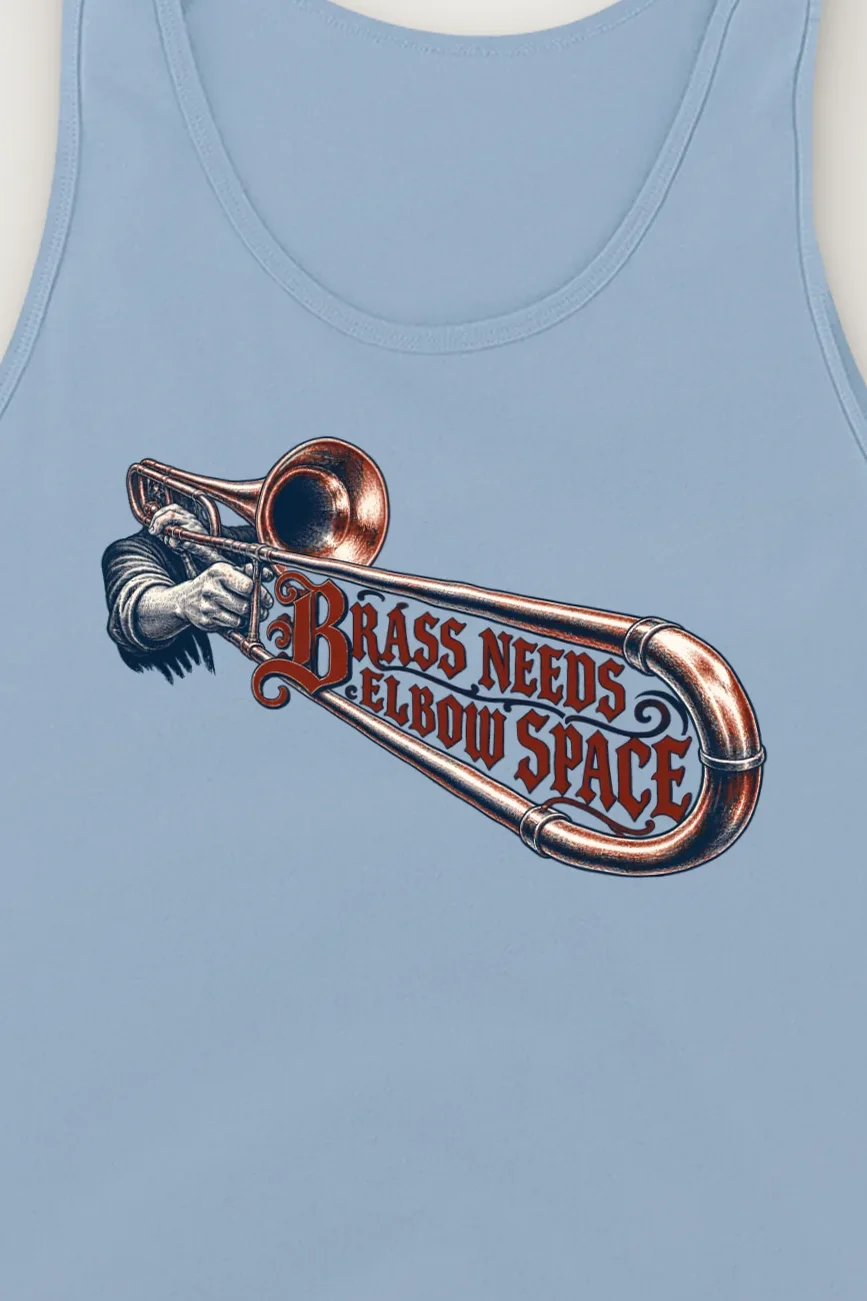 "Brass Needs Elbow Space" Unisex Jersey Tank - the graphic up close